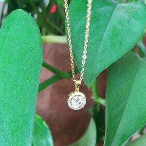 Gold Tone Moissanite Halo Pendant Necklace